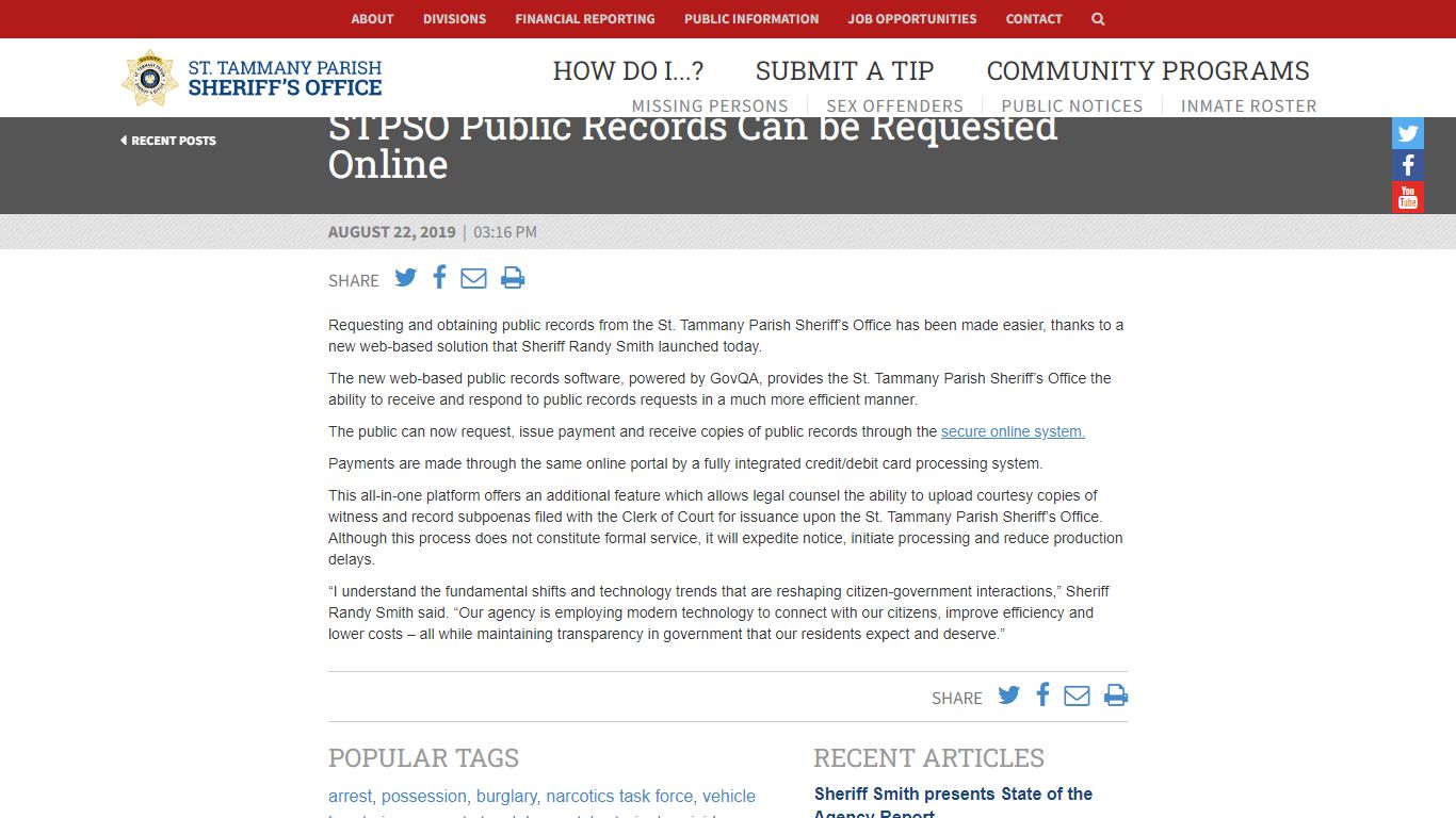 STPSO Public Records Can be Requested Online | Homepage | St. Tammany ...